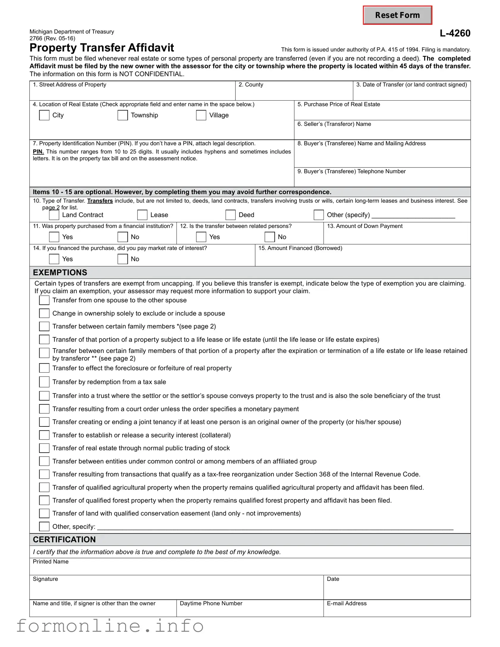 Fill Out a Valid Michigan Property Transfer Affidavit 2766 Form