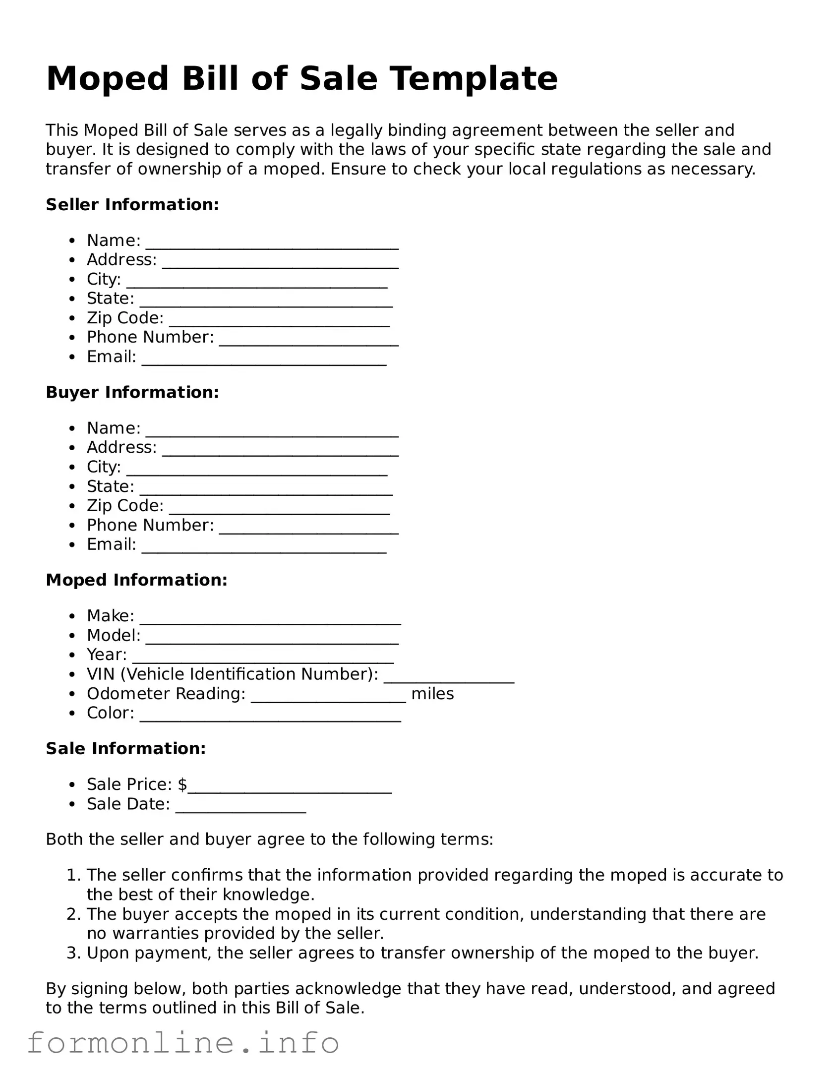 Printable Moped Bill of Sale Form