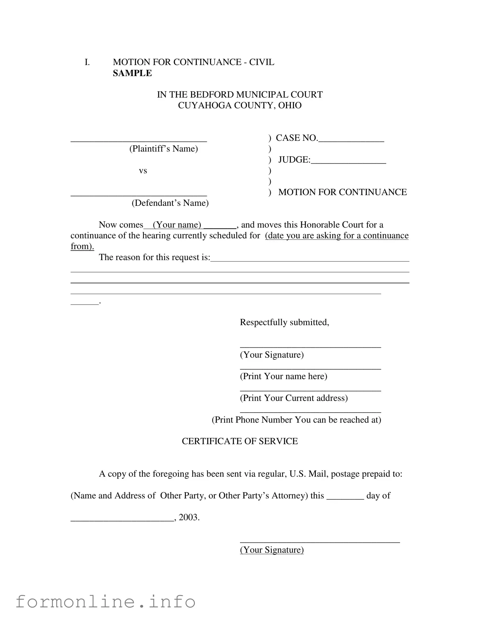 Fill Out a Valid Motion For Continuance Form