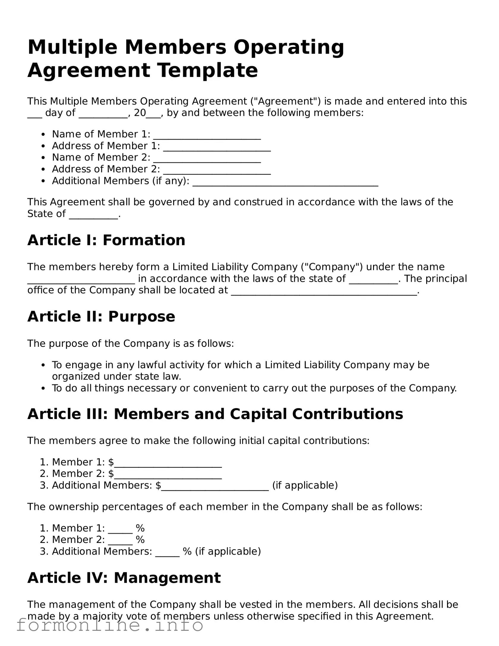 Printable Multiple Members Operating Agreement Form