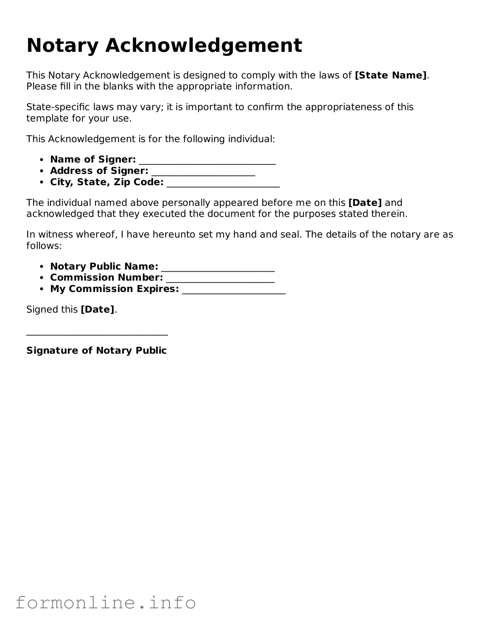 Printable Notary Acknowledgement Form