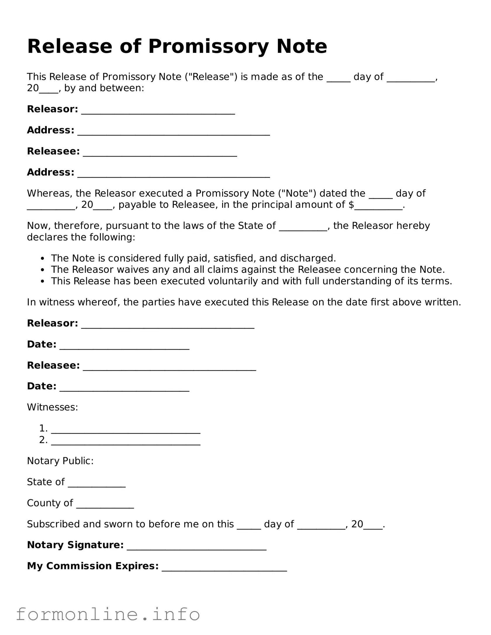 Printable Release of Promissory Note Form