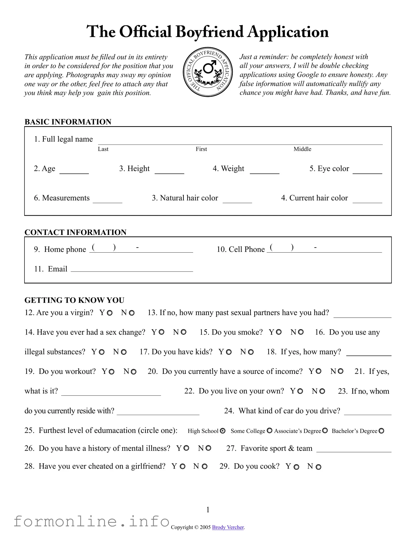 Fill Out a Valid Boyfriend application form Form