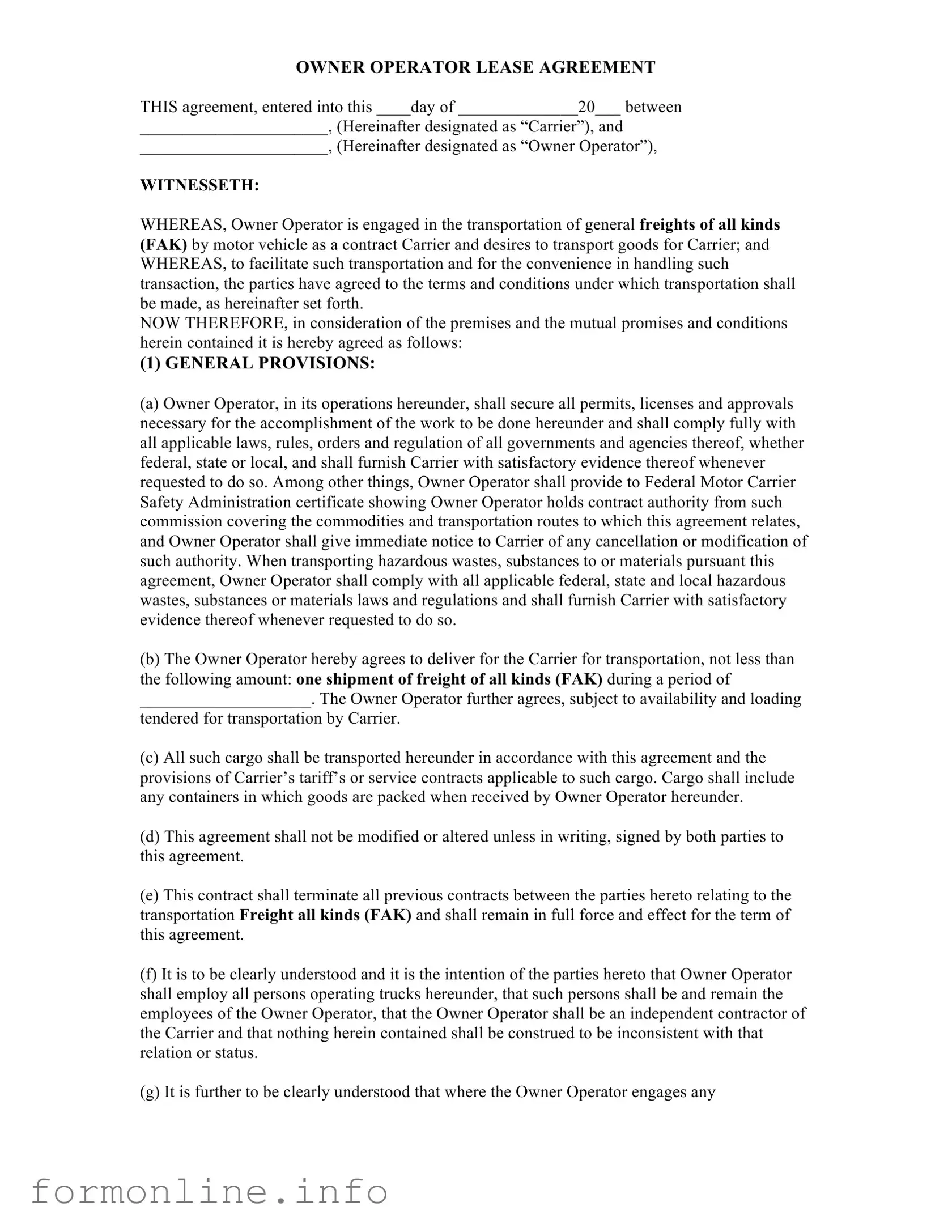 Fill Out a Valid Owner Operator Lease Agreement Form