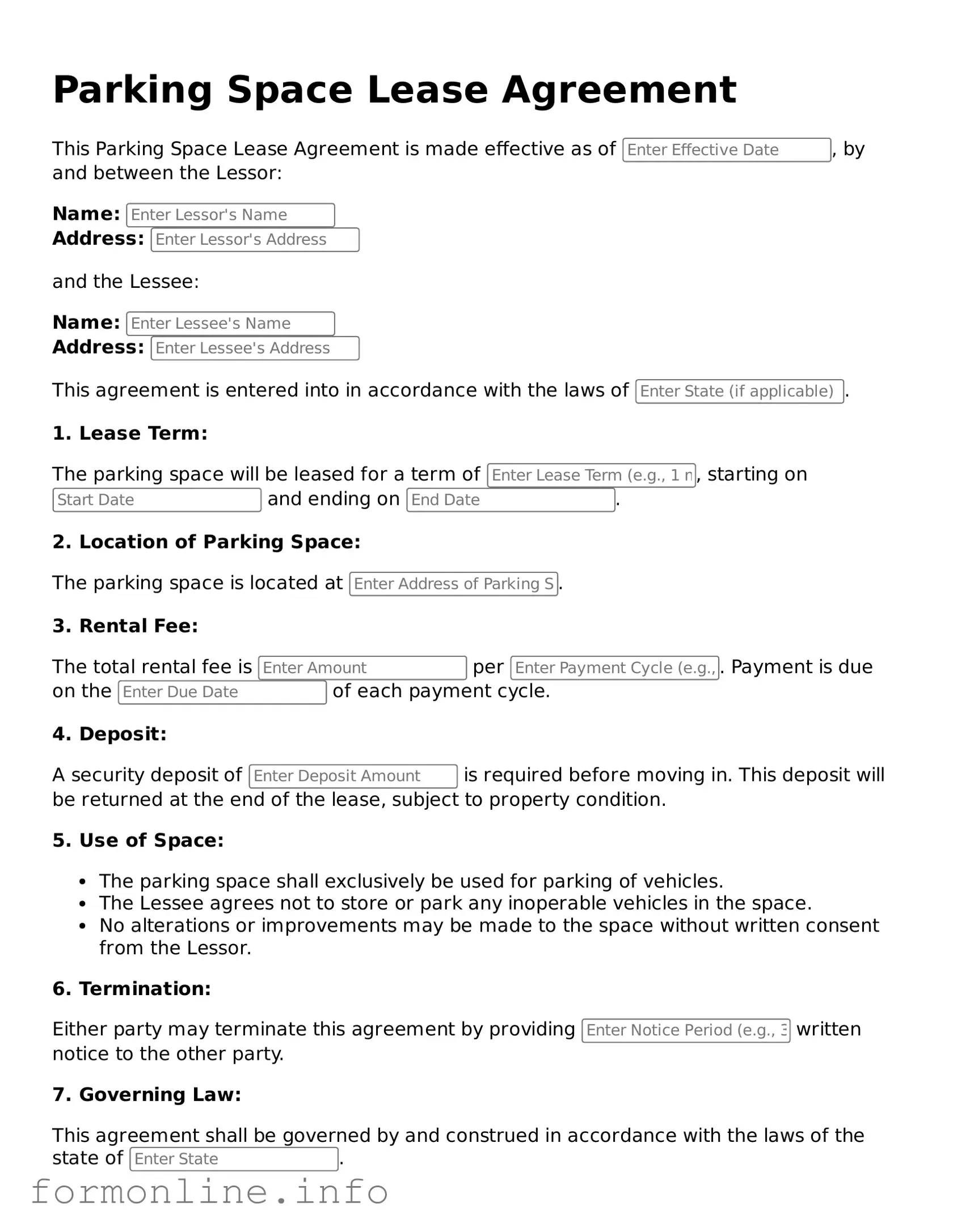 Printable Parking Space Lease Agreement Form