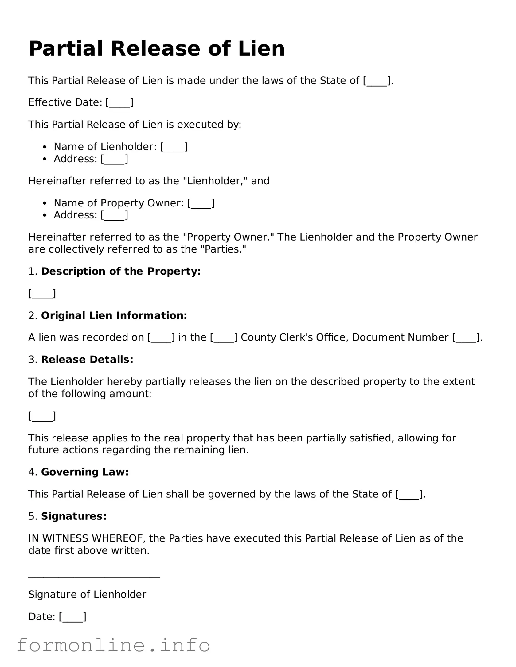 Printable Partial Release of Lien Form