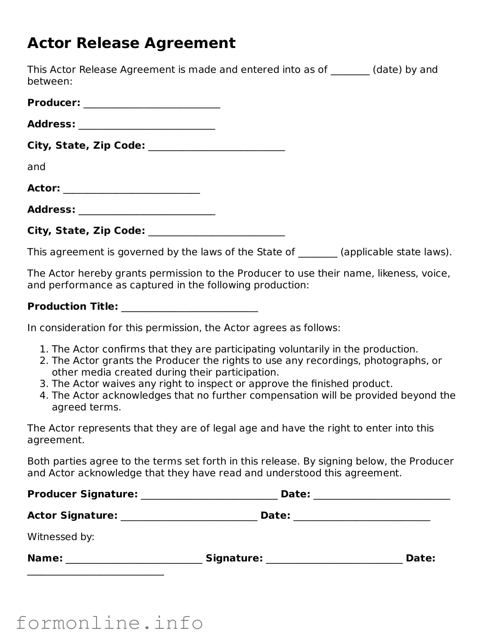 Printable Actor Release Form