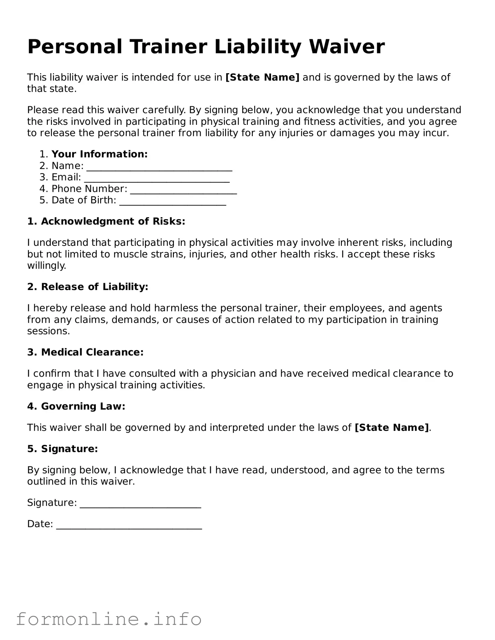 Printable Personal Trainer Liability Waiver Form