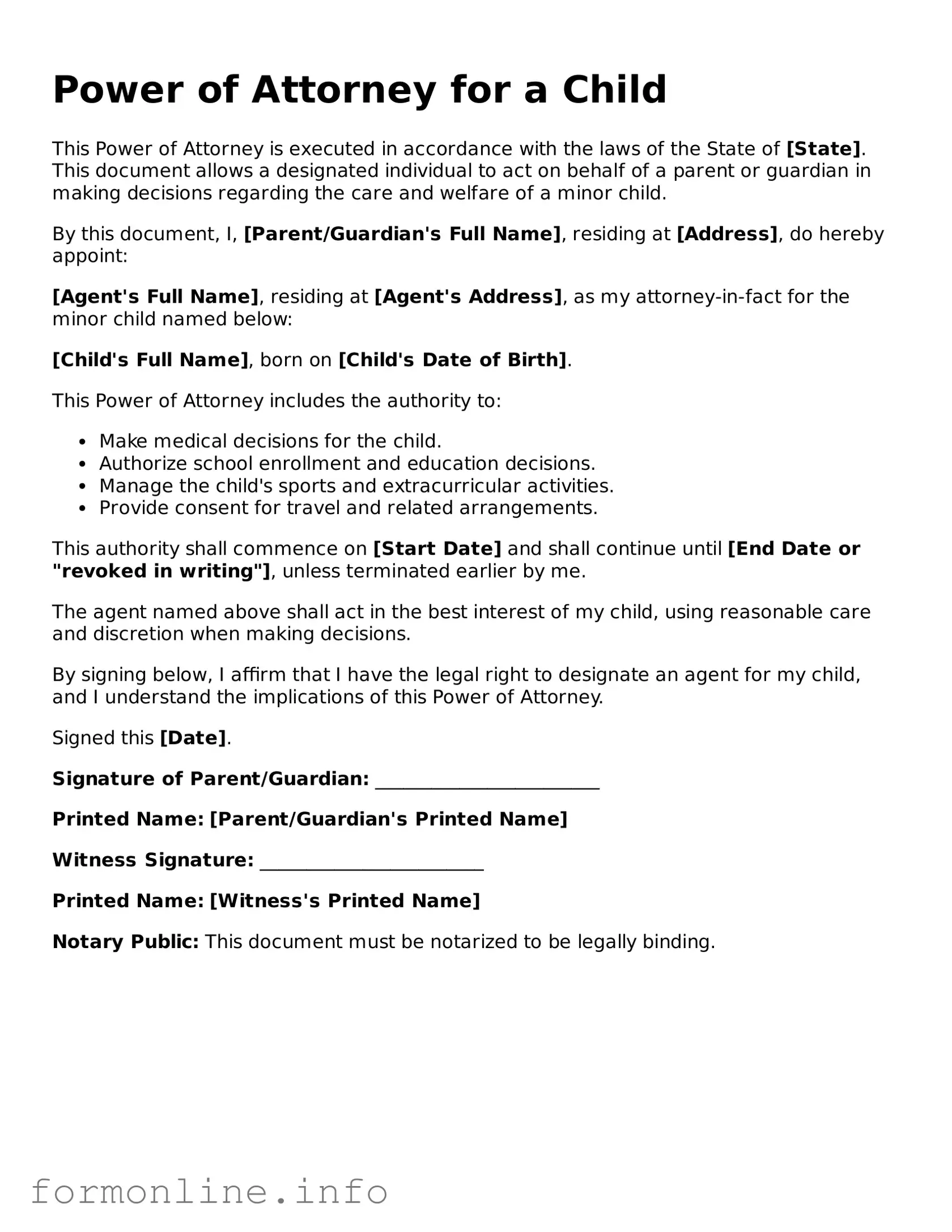 Printable Power of Attorney for a Child Form