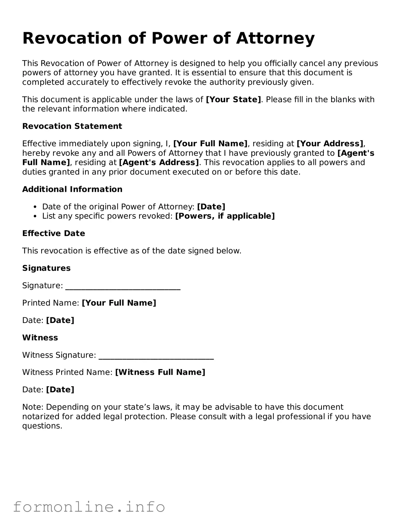 Printable Revocation of Power of Attorney Form