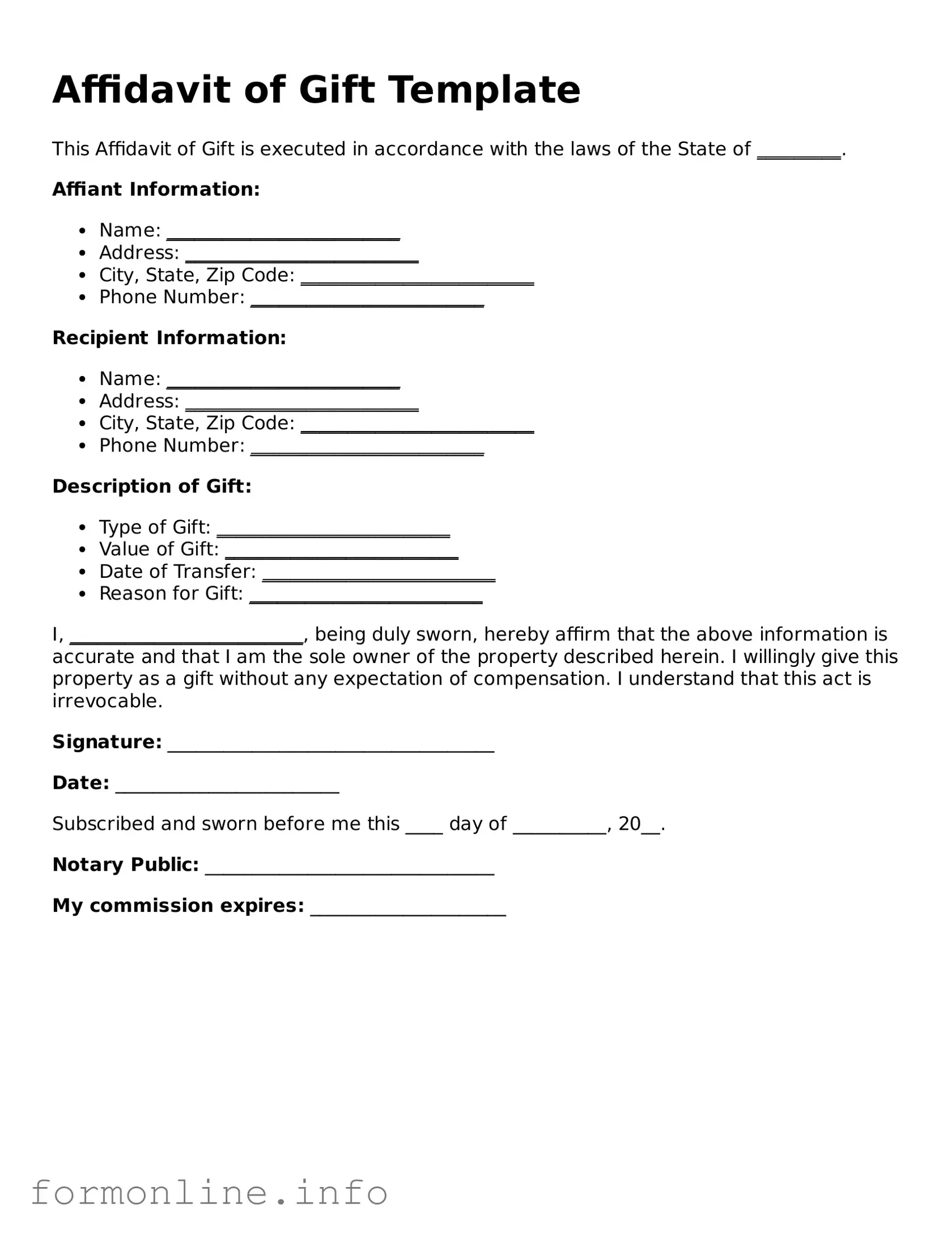 Printable Affidavit of Gift Form