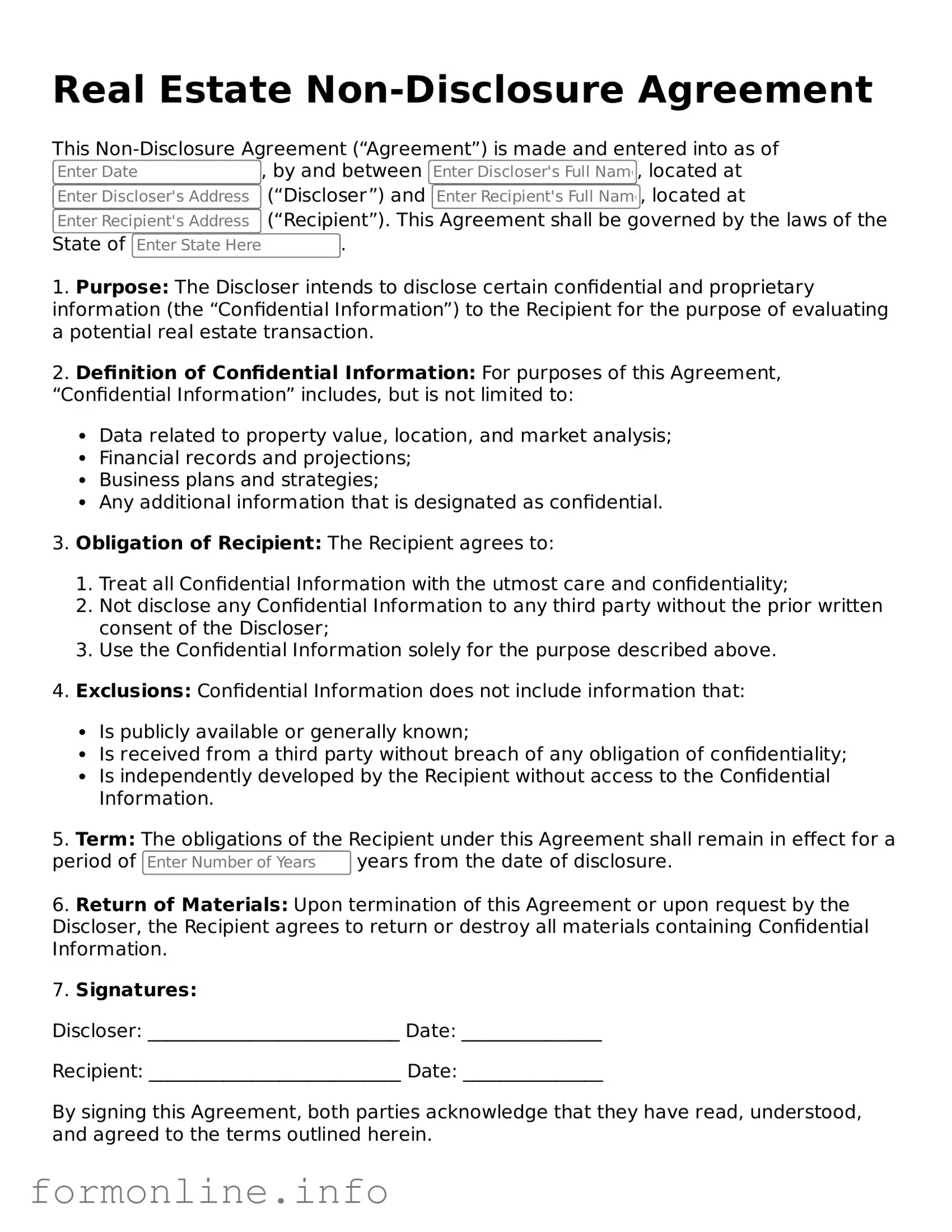 Printable Real Estate Non-Disclosure Agreement Form