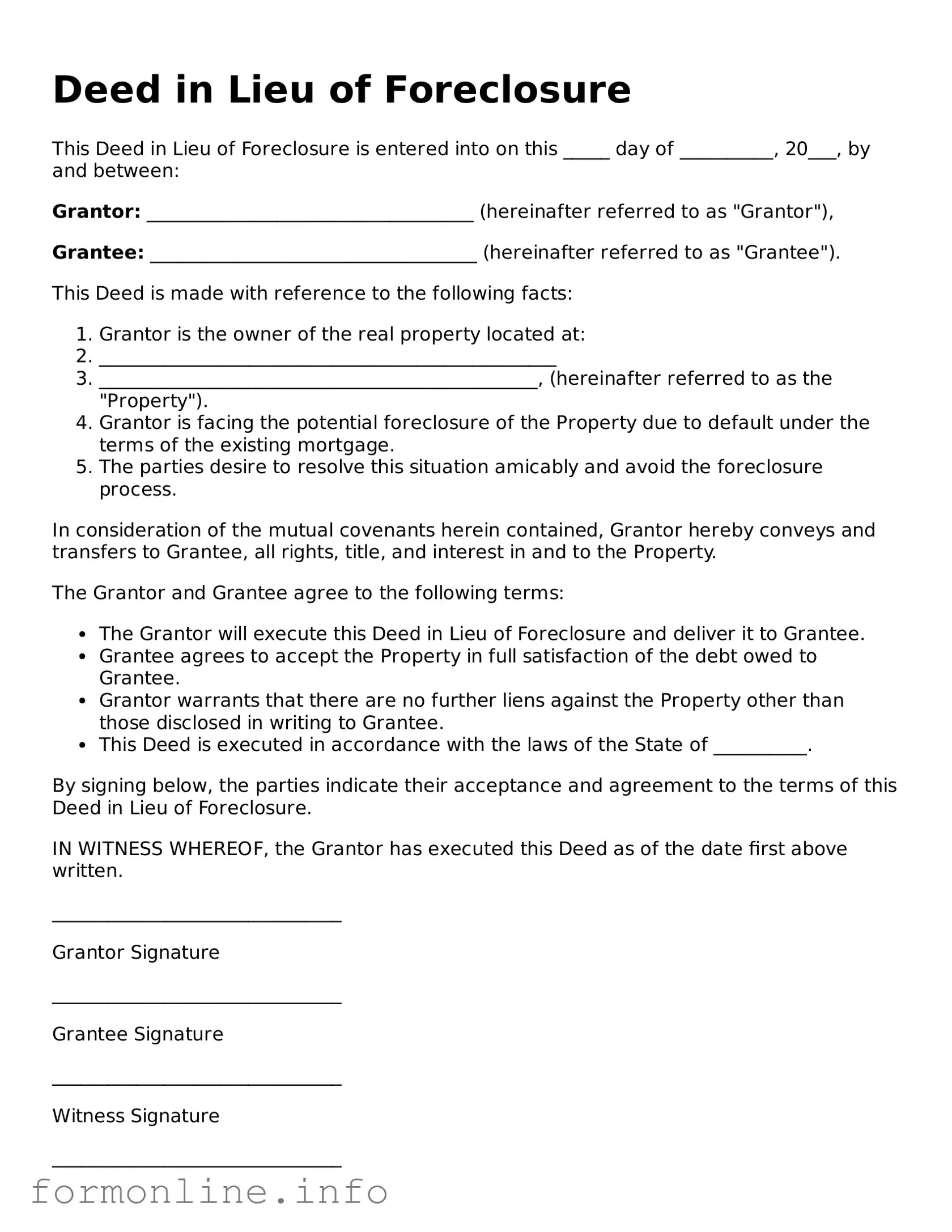 Printable Deed in Lieu of Foreclosure Form