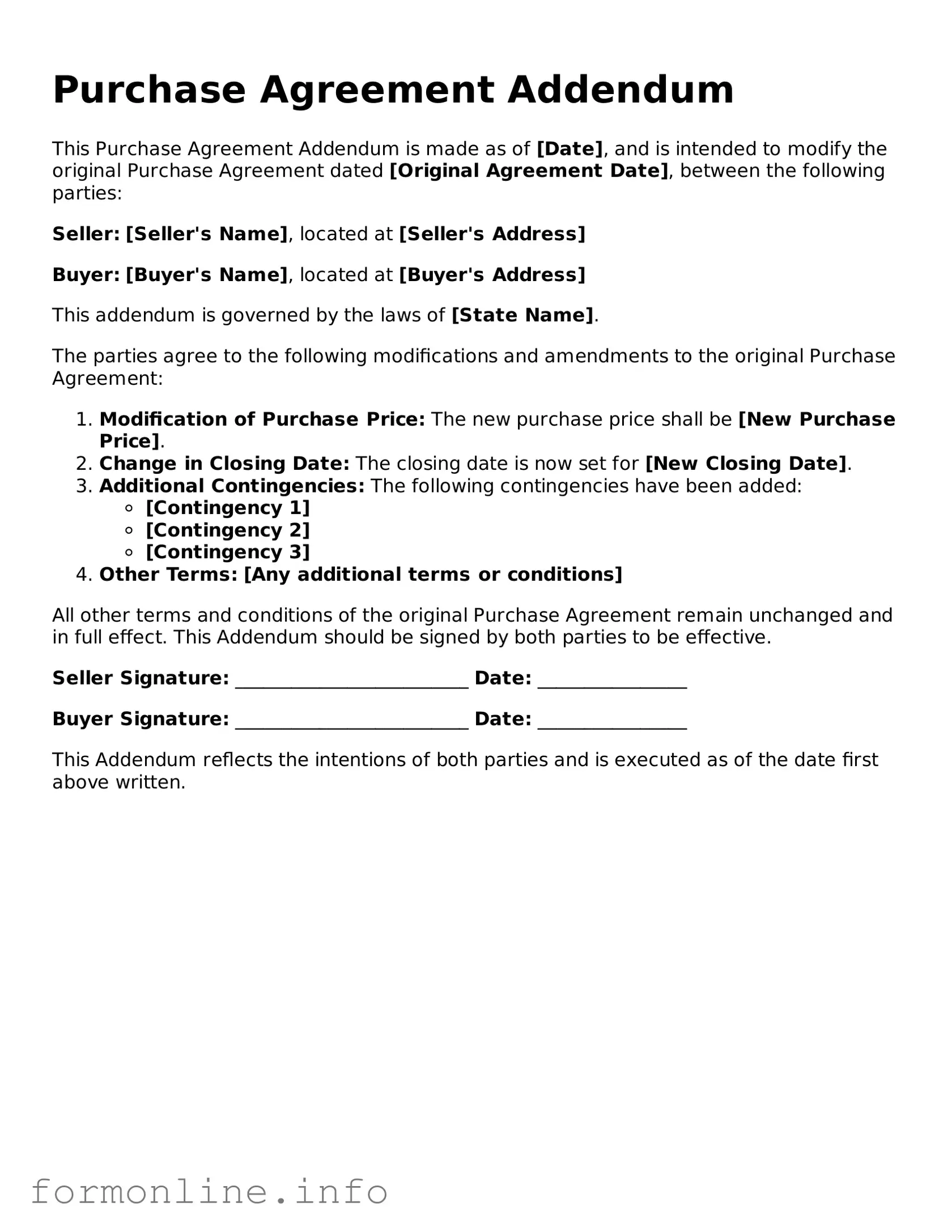 Printable Purchase Agreement Addendum Form