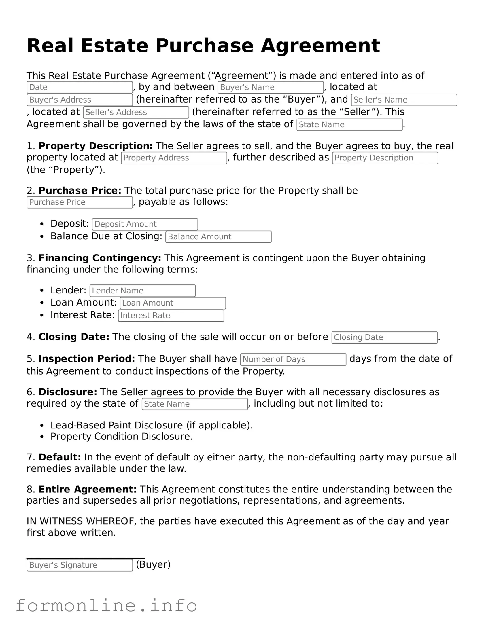 Printable Real Estate Purchase Agreement Form