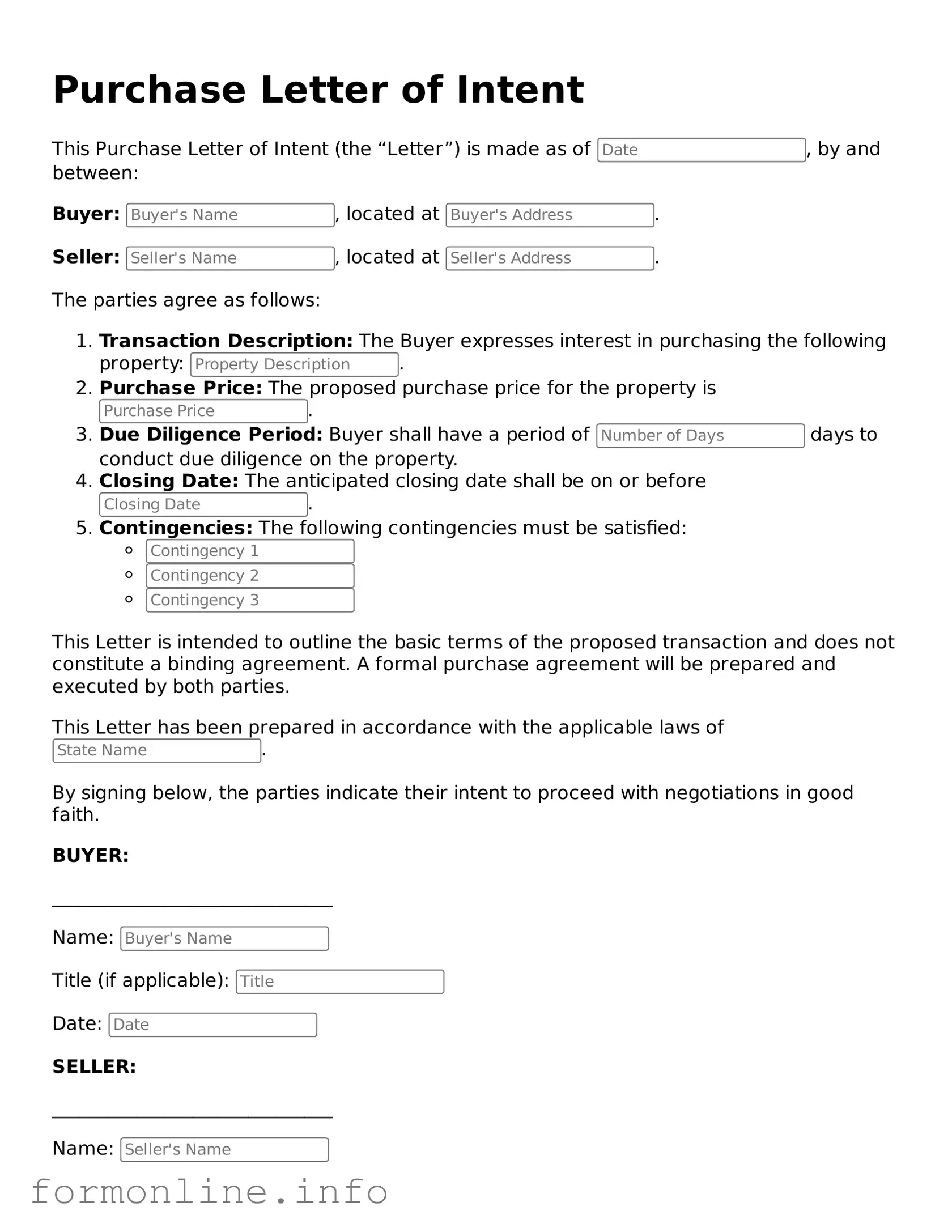 Printable Purchase Letter of Intent Form