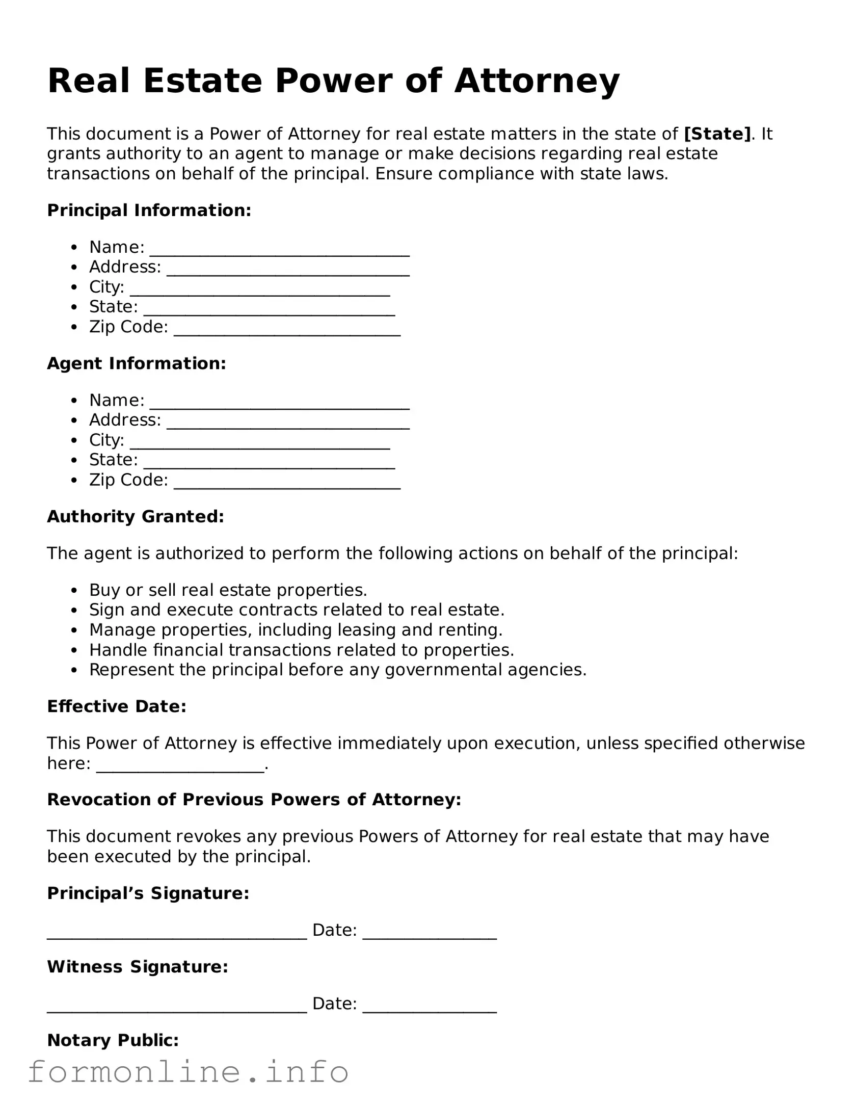 Printable Real Estate Power of Attorney Form