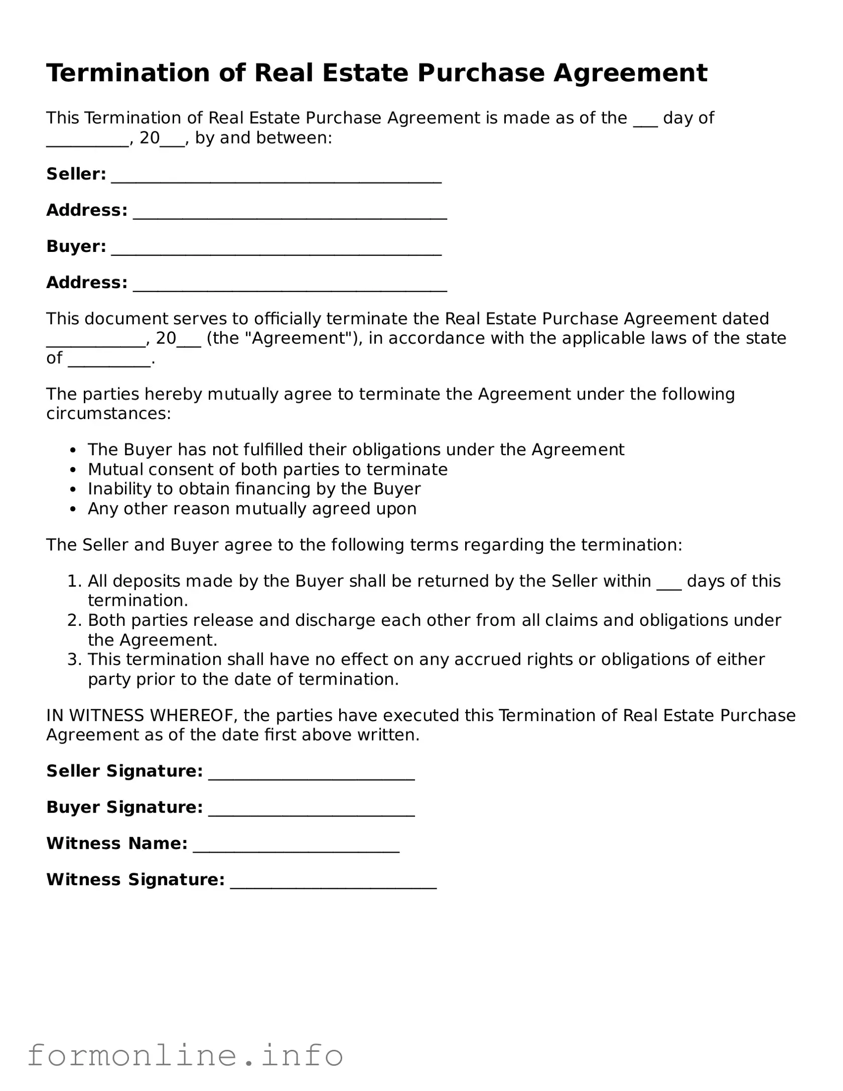Printable Termination of Real Estate Purchase Agreement Form
