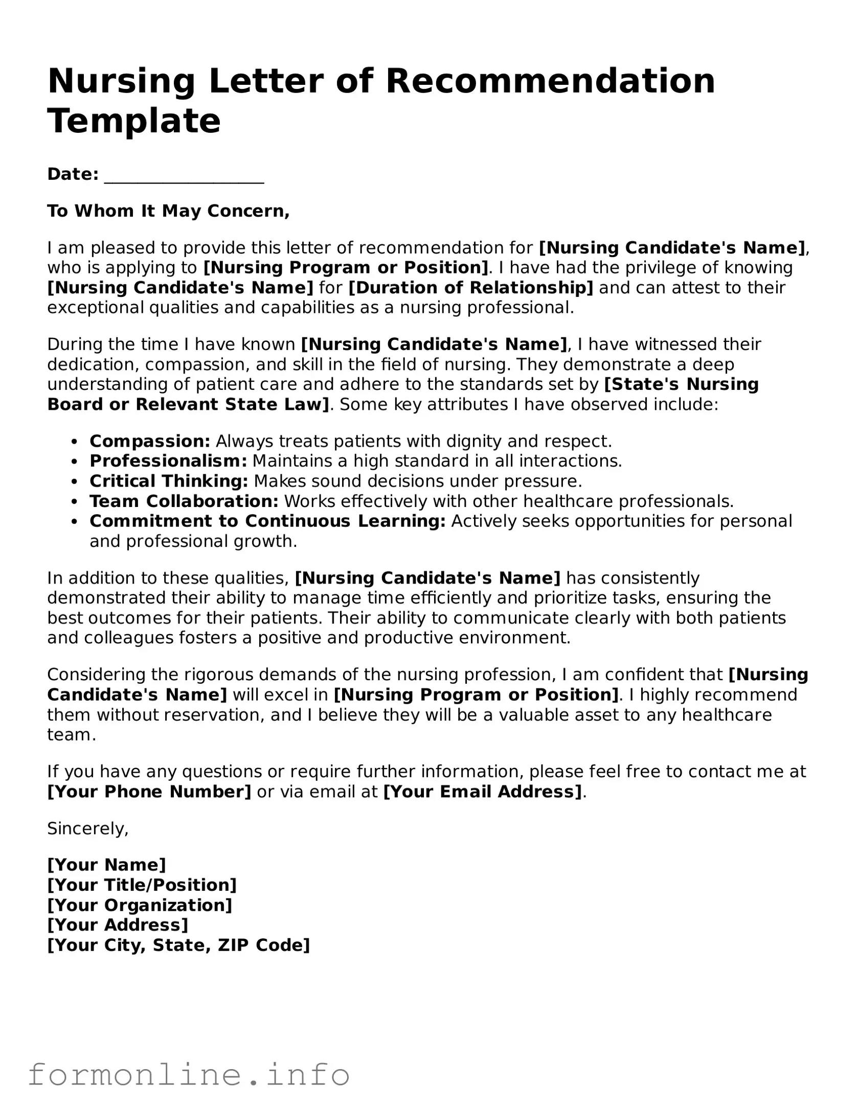 Printable Nursing Letter of Recommendation Form