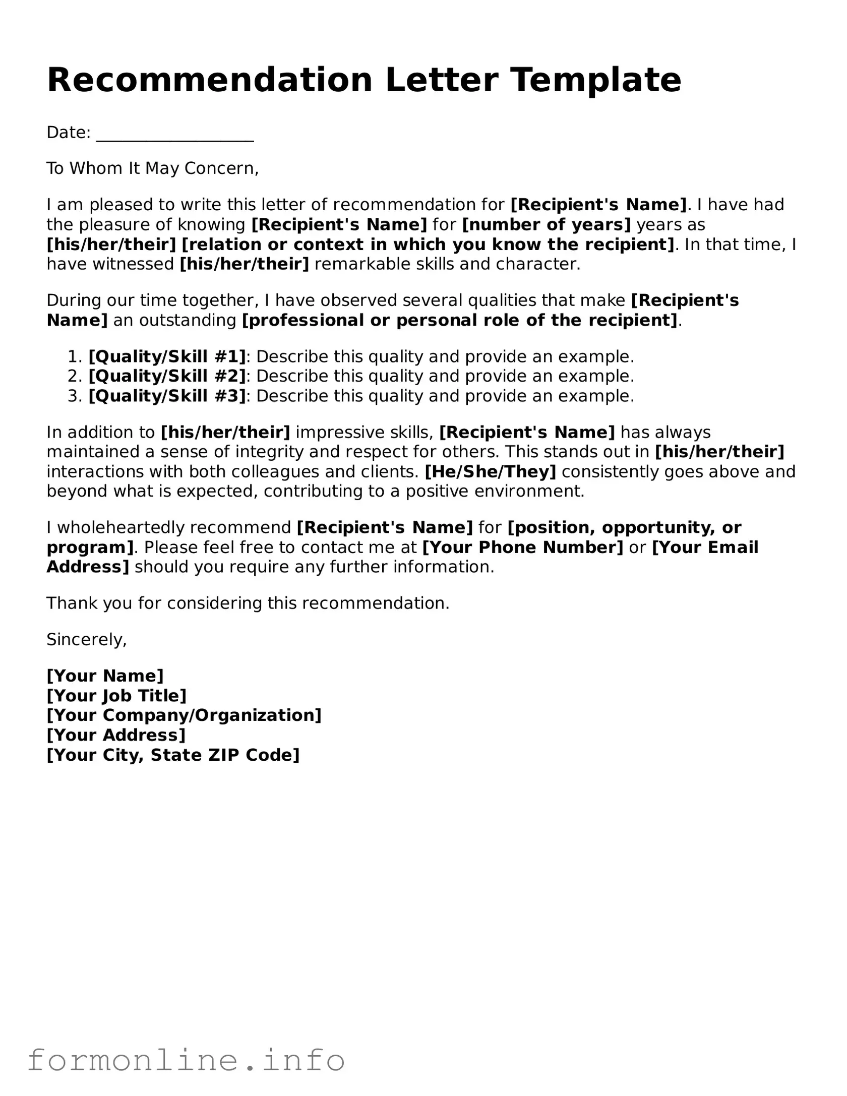 Printable Recommendation Letter Form
