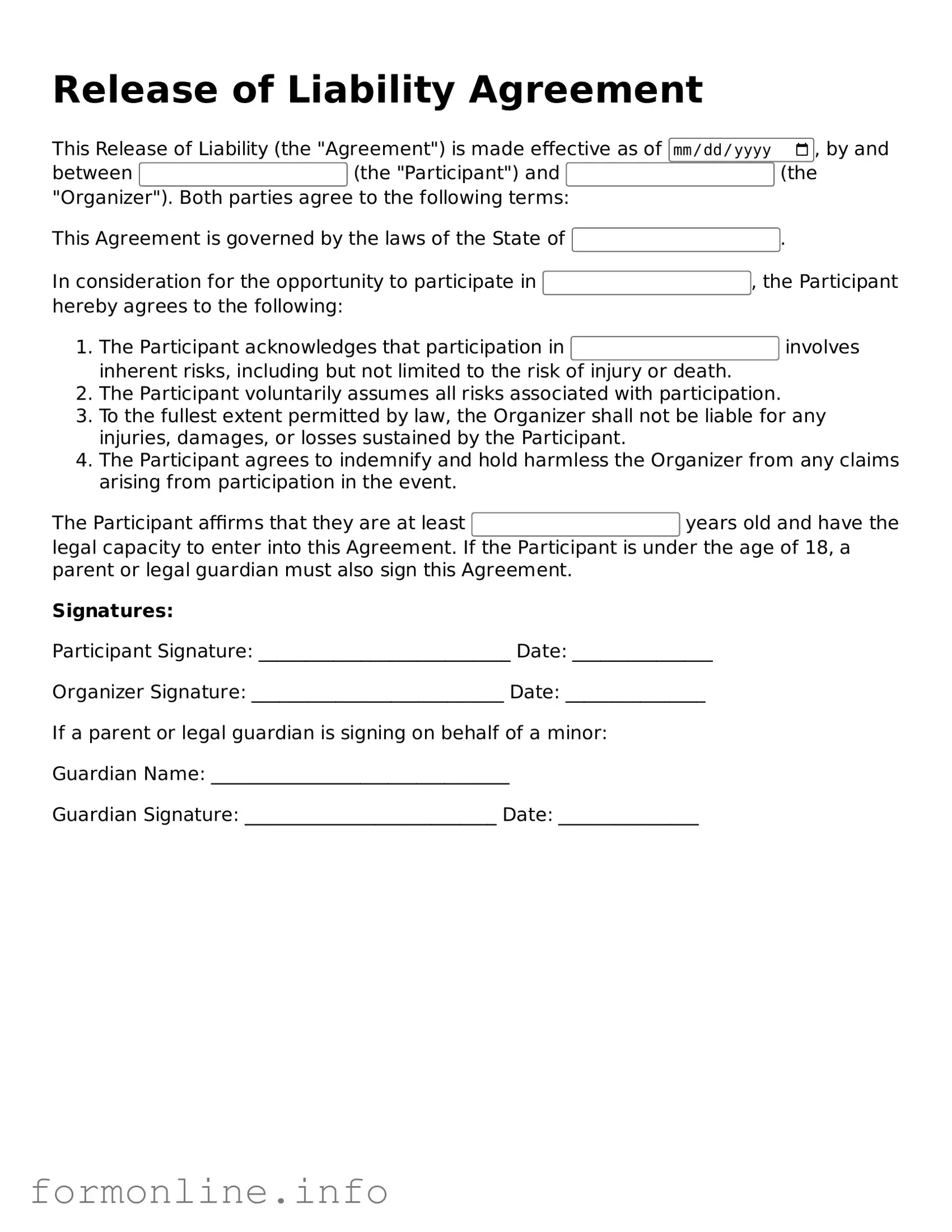 Printable Release of Liability Form