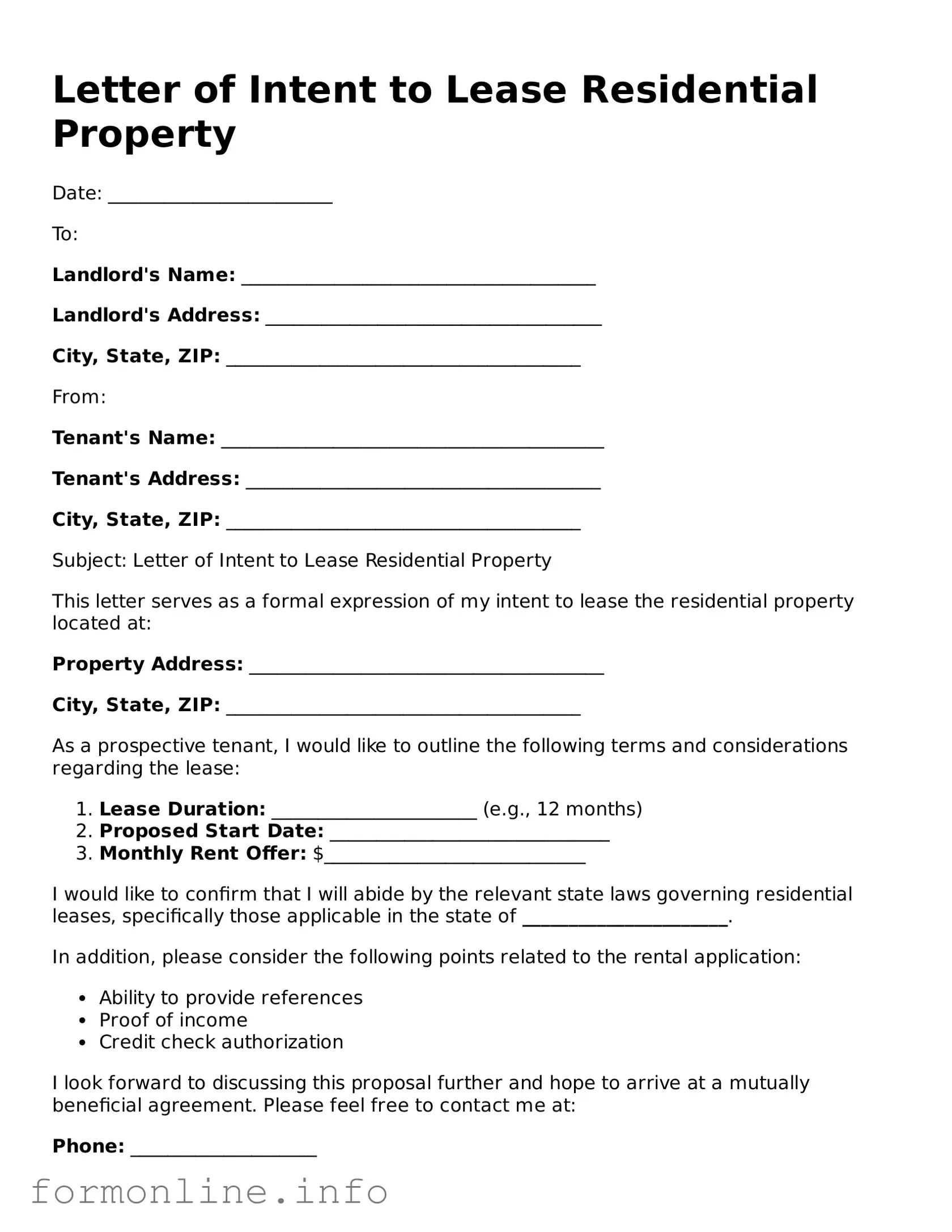 Printable Letter of Intent to Lease Residential Property Form