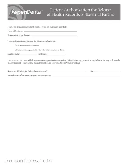 Fill Out a Valid Aspen Dental Health Information Release Form