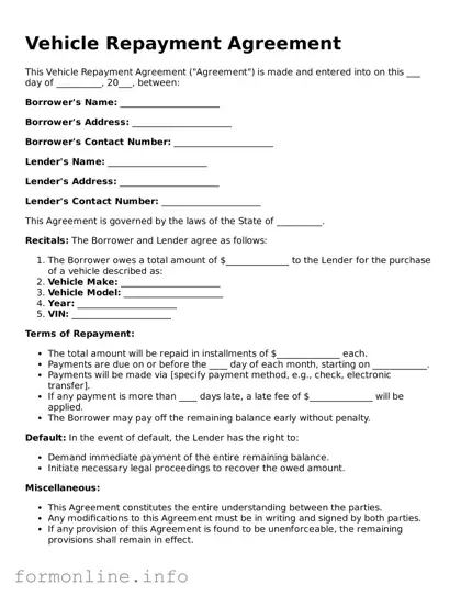 Printable Vehicle Repayment Agreement Form