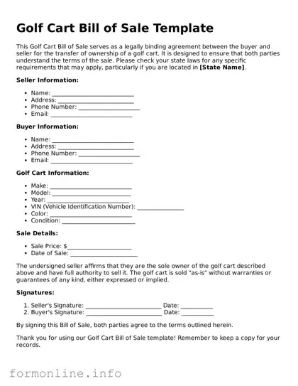 Printable Golf Cart Bill of Sale Form