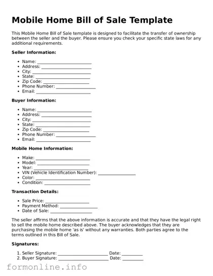 Printable Mobile Home Bill of Sale Form