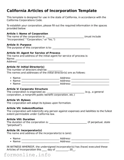 Free Articles of Incorporation Template for California State