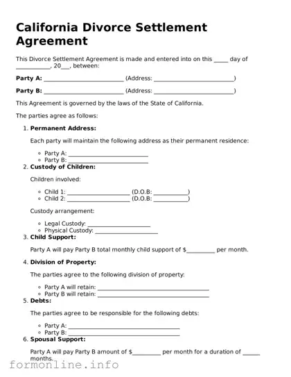 Free Divorce Settlement Agreement Template for California State