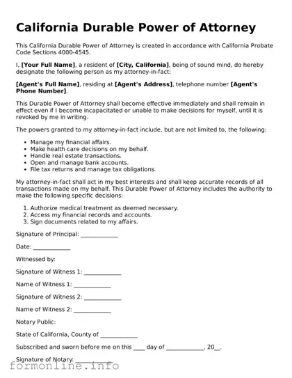 Free Durable Power of Attorney Template for California State