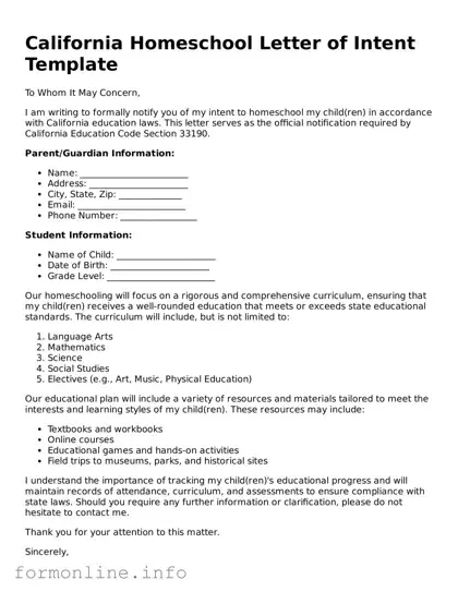 Free Homeschool Letter of Intent Template for California State