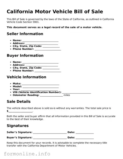 Free Motor Vehicle Bill of Sale Template for California State