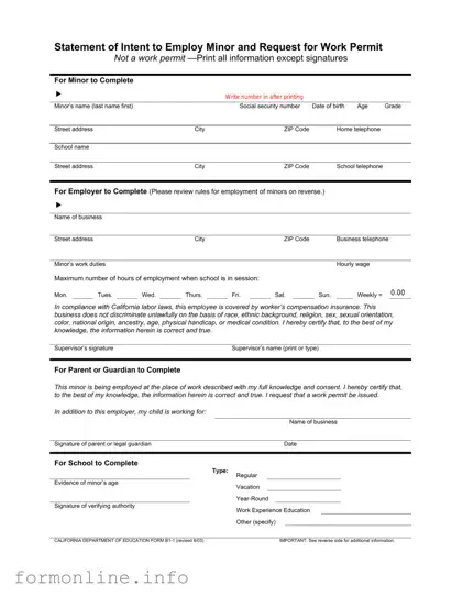 Fill Out a Valid Statement of Intent to Employ Minor and Request for Work Permit Form
