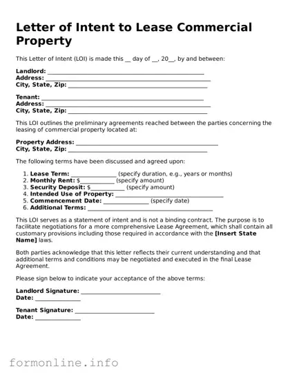 Printable Letter of Intent to Lease Commercial Property Form