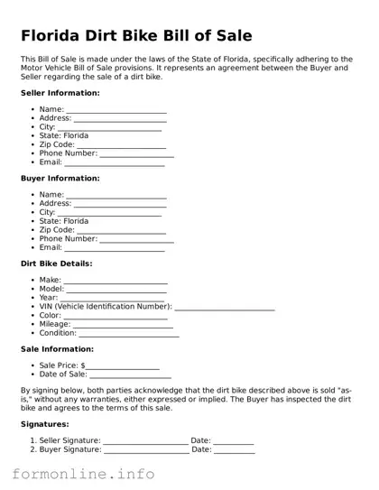 Free Dirt Bike Bill of Sale Template for Florida State