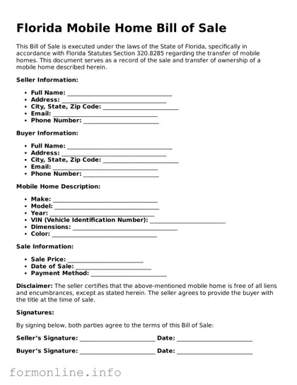 Free Mobile Home Bill of Sale Template for Florida State