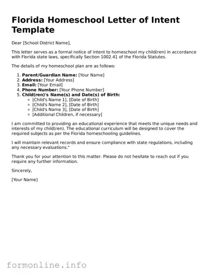 Free Homeschool Letter of Intent Template for Florida State
