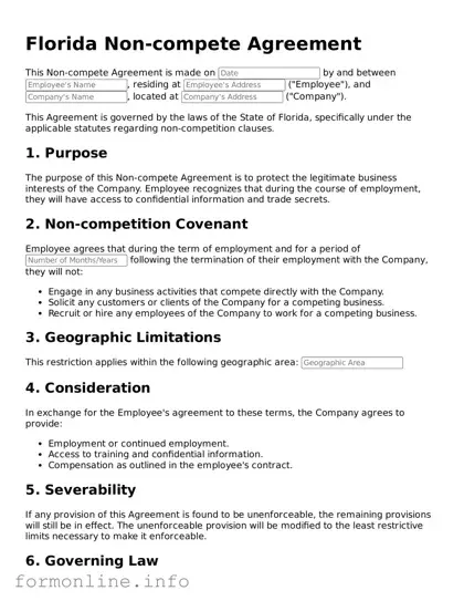 Free Non-compete Agreement Template for Florida State