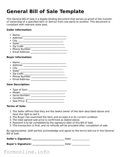 Printable General Bill of Sale Form