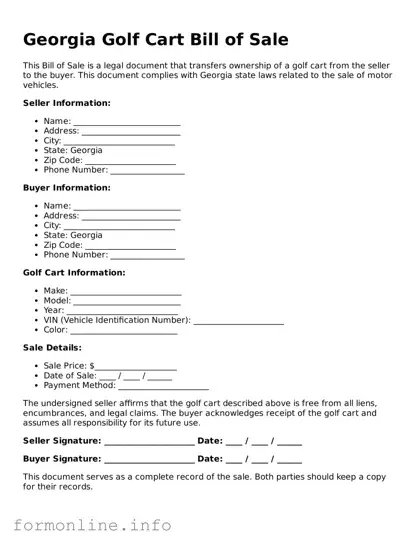 Free Golf Cart Bill of Sale Template for Georgia State