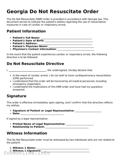 Free Do Not Resuscitate Order Template for Georgia State