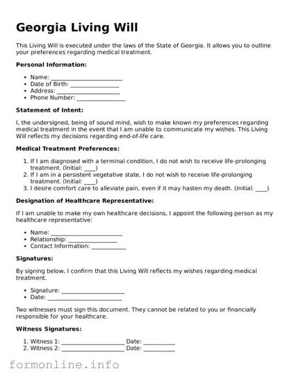 Free Living Will Template for Georgia State