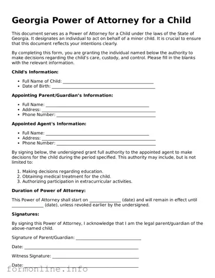 Free Power of Attorney for a Child Template for Georgia State