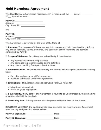 Printable Hold Harmless Agreement Form