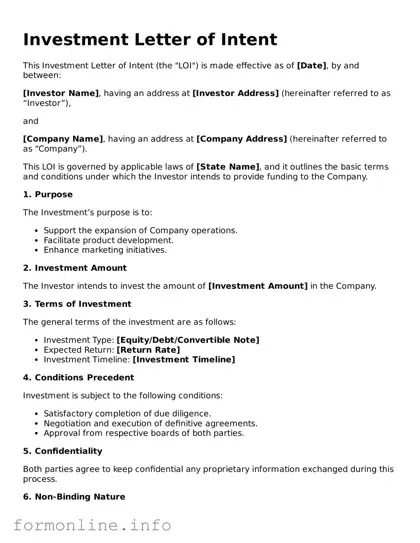 Printable Investment Letter of Intent Form