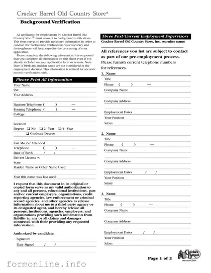 Fill Out a Valid Cracker Barrel Background Check Form