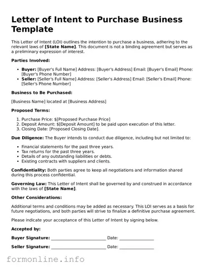 Printable Letter of Intent to Purchase Business Form